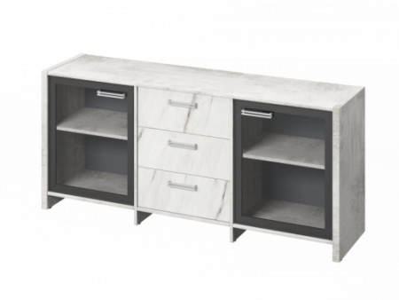 Фото Тумба трехсекционная с 2 дверьми в алюминиевом профиле FI-13-02.G. Фурнитура INOX, Хромикс белый / Мрамор Леванто белый